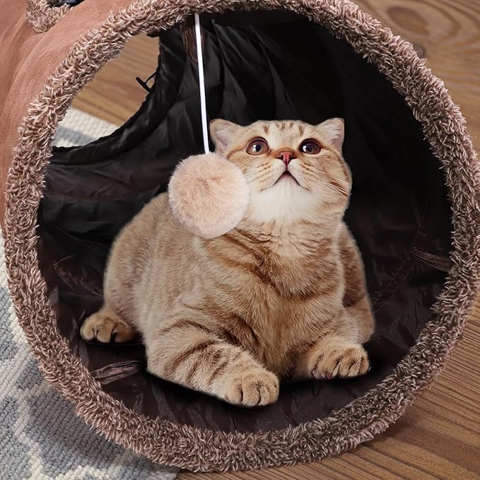 ZENFUN 51"x 12" Collasiple Cat Play Tunnel, Cats Tubes and Tunnels, Cat Foldable Hide and Seek Tunnel Toy, Brown Suede Pet Tube Toy for Rabbits, Ferrets, Puppy, Diameter 12 Inch