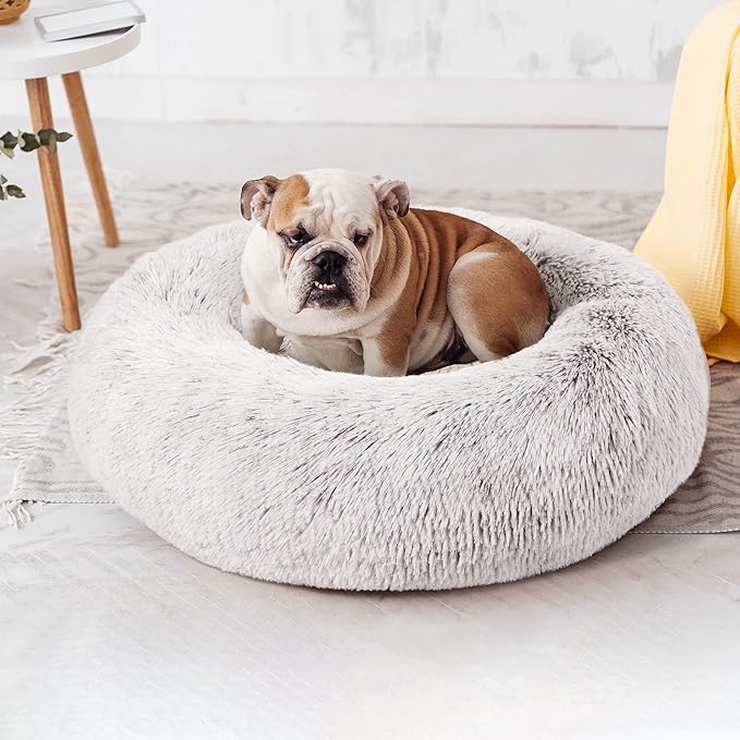 Love's cabin Calming Cat Bed for Indoor Cats,Anti-Anxiety Donut Round Dog Bed,Fluffy Faux Fur Washable Pet Bed for Small Medium Dogs and Cats,Coffee,24in