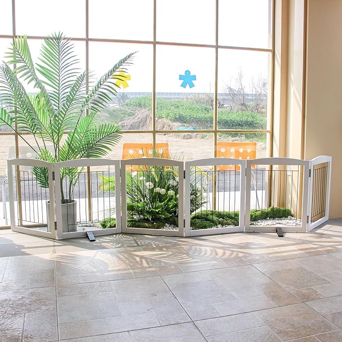 ZJSF Freestanding Dog Fence Indoor, Foldable Dog Gate for Doorways, Stairs or Hallways, Sturdy Wood Extra Wide Pet Gate with Support Feet for The House, White, 24 "Height-6 Panels