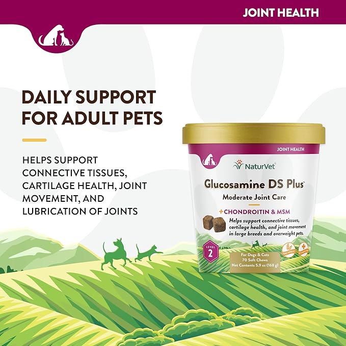 NaturVet – Glucosamine DS Plus - Level 2 Moderate Care – Supports Healthy Hip & Joint Function – Enhanced with Glucosamine, MSM & Chondroitin – for Dogs & Cats–70 Soft Chews