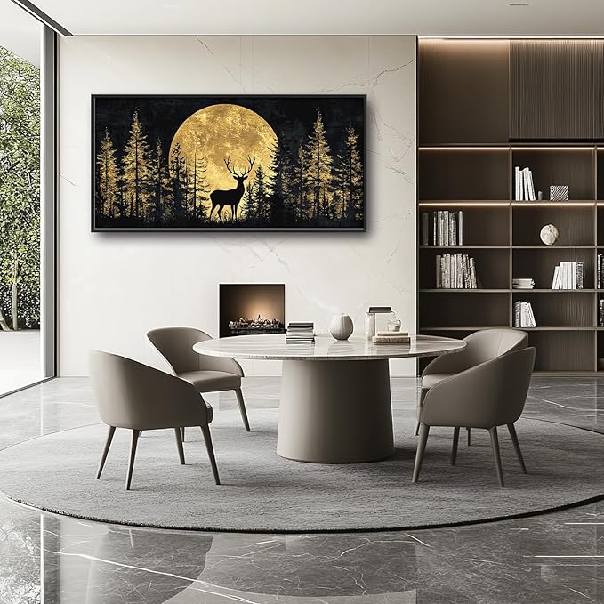 Large Moon Deer Forest Wall Art for Living Room, Black Gold Canvas Oversized Wall Decor, Elk Animal Framed Pictures Painting Print Artwork for Bedroom Office 60L" x 30W"