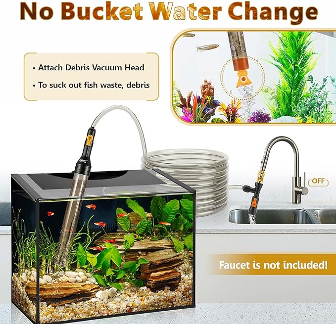 hygger Bucket-Free Aquarium Water Change Kit Metal Faucet Connector Fish Tank Vacuum Siphon Gravel Cleaner with Long Hose 25FT Drain & Fill