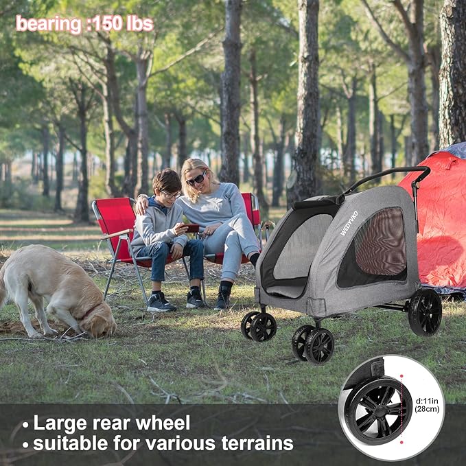 Large Dog Travel Stroller with 4 Heavy Duty Wheels Pet Stroller with Adjustable Handle - Double Doggie Capacity Jogger Wagon with Back Front Door for Small Medium Large Dogs (Dark Light Gray)