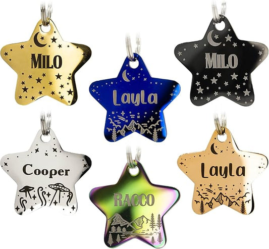 Personalized Dog Tag with 5 Lines of Custom Deep Engraved Durable Stainless Steel Pet ID Name Tag Designer Small Size Star