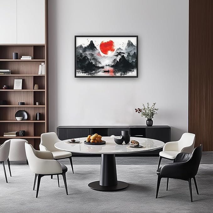 Framed Large Japanese Mountain Wall Art for Living Room, Oversized Asian Red Sun Lake Landscape Wall Decor Nature Canvas Painting Home Decoration for Living Room Bedroom Office 36"x24"