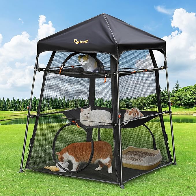 Extra Large Catio Outdoor Cat Enclosure, Rywell 3-Tier Spacious Outdoor Cat Tent, Weatherproof&Sunproof with 5 Windows, Foldable Cat Enclosure for Patio, Camping, Indoor(Includes Carry Bag)