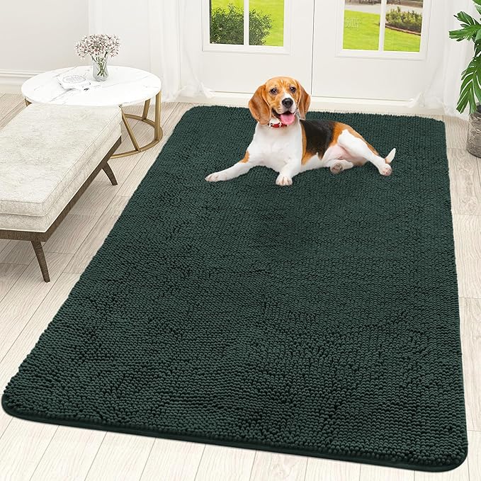 OLANLY Dog Door Mat for Muddy Paws 59x35, Absorbs Moisture and Dirt, Absorbent Non-Slip Washable Doormat, Quick Dry Chenille Mud Mat, Entry Indoor Entryway Carpet for Inside Floor, Blackish Green