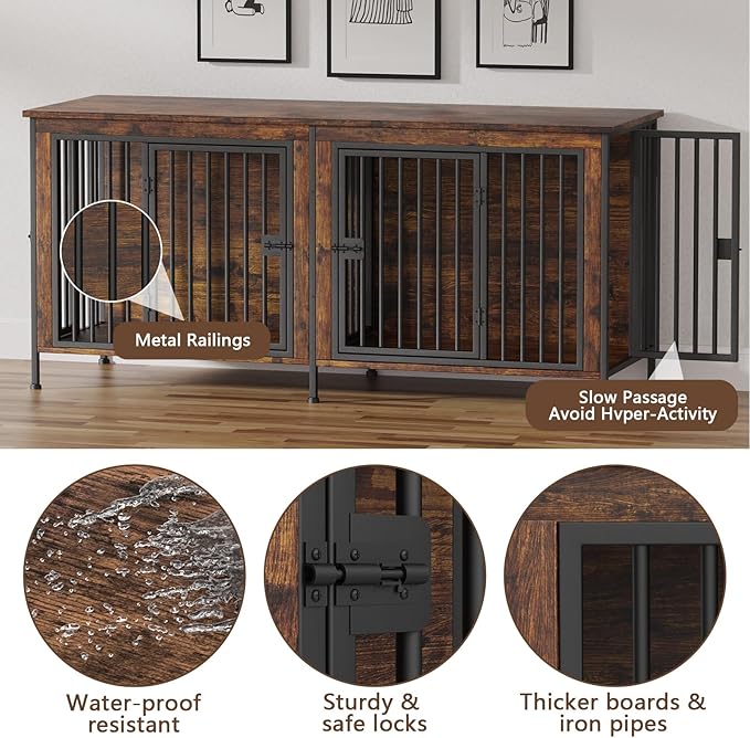 EasyCom 78 Inch Dog Crate Furniture for 2 Dogs, Extra Large Double Dog Cage Large Breed, XXL Thick Wooden Dog Crate TV Stand, Sturdy Dog Kennel with Divider