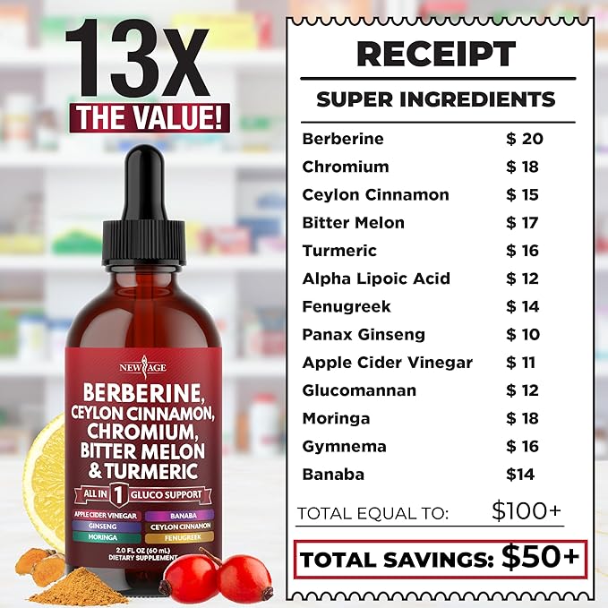 Berberine with Ceylon Cinnamon Supplement Liquid Drops + Bitter Melon Extract, Glucomannan, Gymnema, Chromium, Turmeric, Panax Ginseng, Moringa- 4 OZ