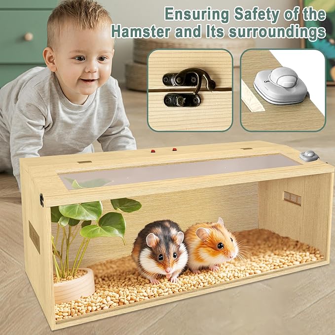 Large Hamster Cage 48", Top Opening Lockable Roof, Gerbil Cage with Ventilation Window, Dwarf Hamster Cages and Habitats, Chewproof Syrian Hamster Habitat Enclosure, (Wooden, 48" L x 20" W x 20" H)