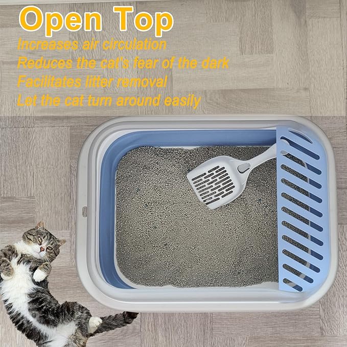 Open Cat Litter Box with High Side, Anti-Splashing Kitty Litter Pan Collapsible Travel Litter Potty Pan Scoop Leak-Proof Pedal Cat Toilet No Smell Easy Clean (M Gray High Side)