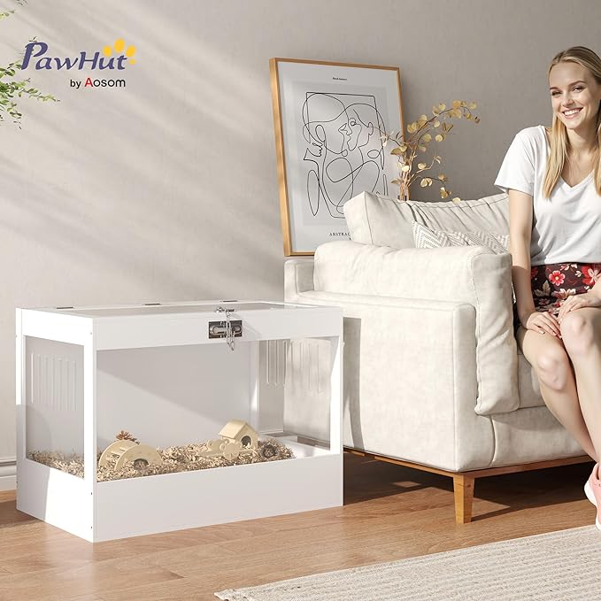PawHut Hamster Cage with Openable Top & Lock, Transparent Acrylic Panels Small Animal Habitat with Hut, Seesaw, Ladder, for Dwarf Hamster Gerbil, 31.5" x 20" x 23", White