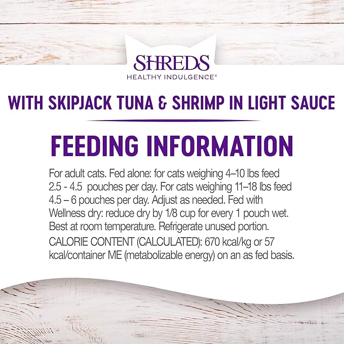Wellness Healthly Indulgence Shreds Adult Wet Cat Food, Natural, Protein-Rich, Grain Free, 3 Ounce Pouch, 24 Pack, (Tuna & Shrimp)