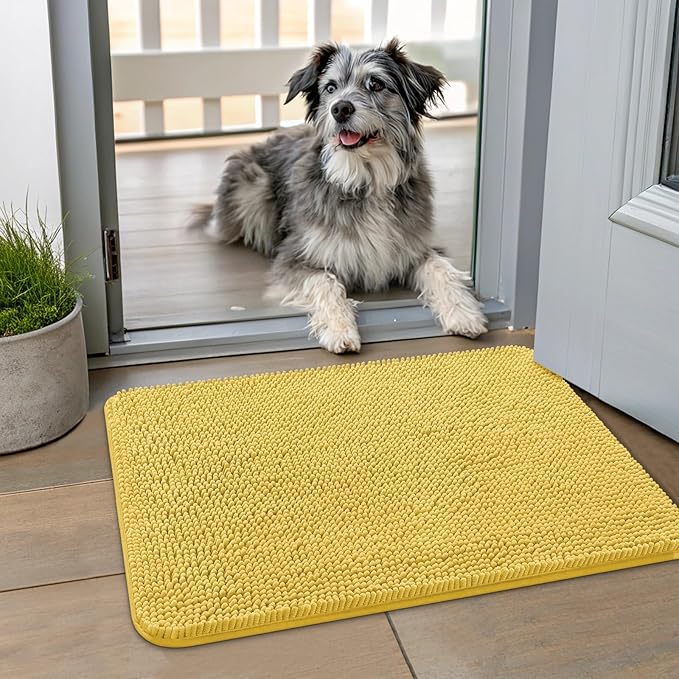 Smiry Dog Door Mat for Muddy Paws 24x16, Absorbs Moisture and Dirt Doormat, Non-Slip Washable Quick Dry Chenille Front Door Mat Indoor Entrance, Entryway Carpet for Inside Floor, Yellow
