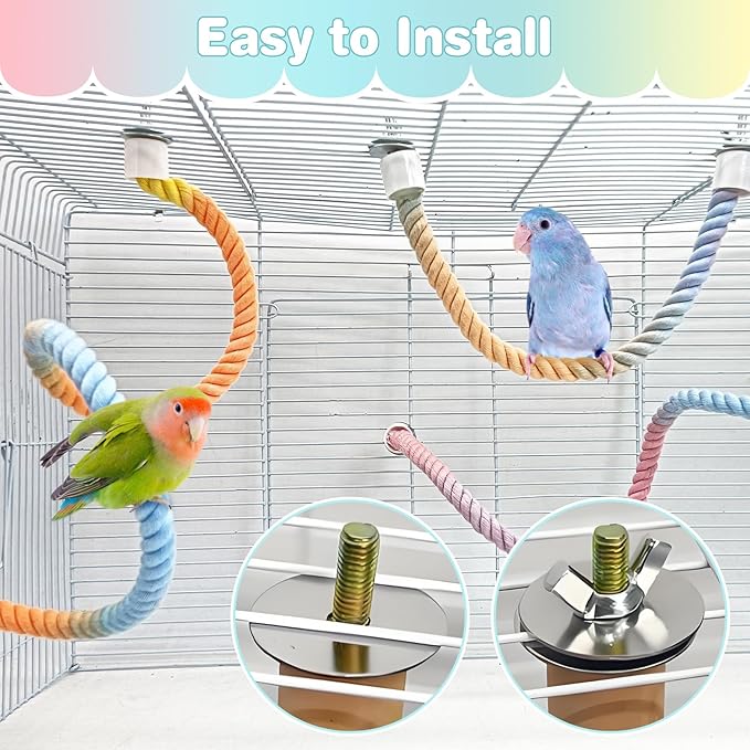 BNOSDM Bird Rope Perch with Stand Perch Toy Set Bendable Rope Perches Wooden Spinning Exercise Wheel Toy Parrot Cage Accessories for Parakeets, Conures, Lovebirds, Budgies, Cockatiels (Rainbow Color)