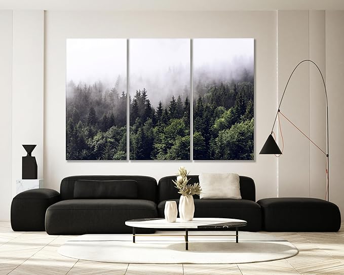 Nature Wall Art Prints - Ocean Forest Mountain Lake Canvas Landscapes - Small to Extra Large Living Room Bedroom Kitchen Bathroom Décor (Foggy Pine Forest, 71x47 Inches - 5 Panels)