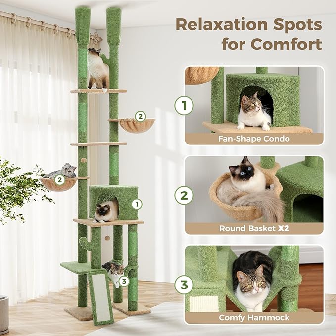 PAWZ Road Cactus Cat Tree Floor to Ceiling Cat Tower with Adjustable Height(85-112 Inches), 7 Tiers Climbing Activity Center with Cozy Hammocks, 5 Platforms and Scratching Posts for Indoor Cats
