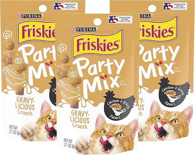 Purina Friskies Party Mix Cat Treats, Gravy-Licious Crunch with Chicken & Gravy Flavors, Crunchy Treats for Cats, 2.1 Ounce Resealable Pouch (Pack of 3)
