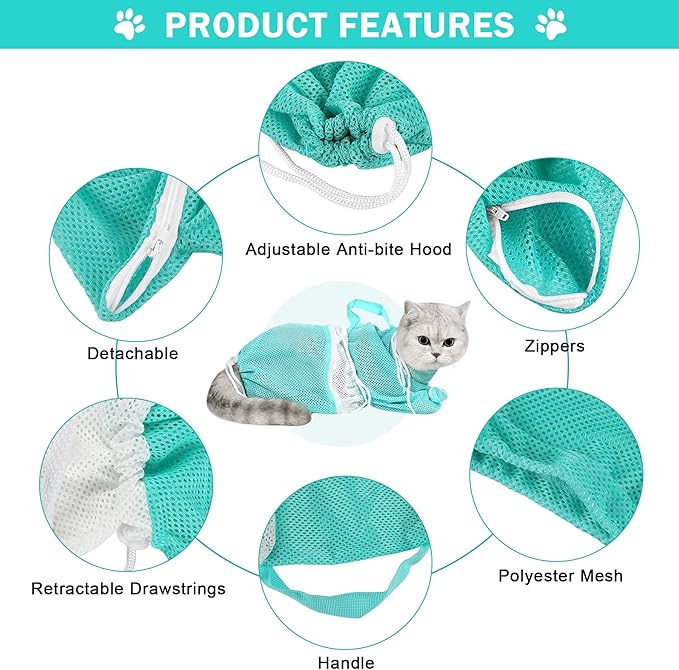 JULMELON Cat Washing Bag 10 PCS Set, Adjustable Cat Shower Net Bag and Pet Grooming Brush with Nail Clipper Nail File Hair Combs Tick Tool Nail Caps for Bathing Nail Trimming Examination（Grey+Green）