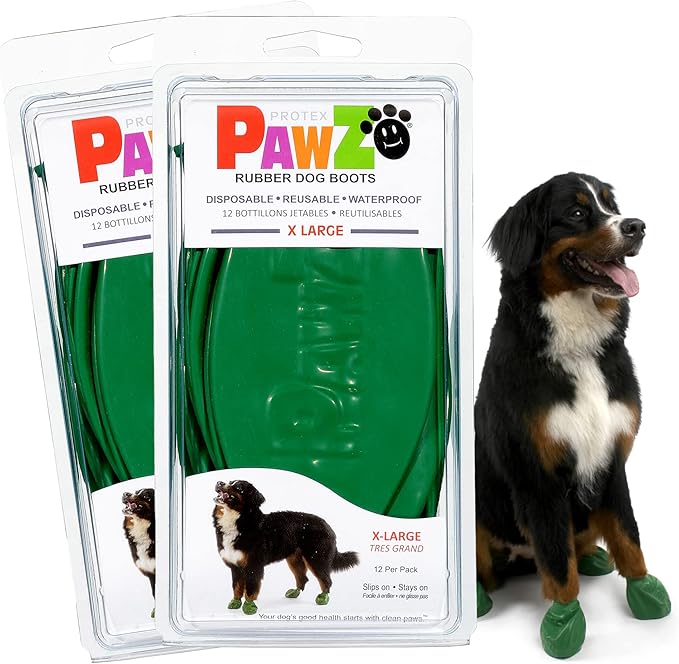 Protex PawZ Rubber Dog Boots for Paws 4" and Up, 24 Total (2 Packs of 12) - All-Weather, Anti-Slip, Waterproof Dog Socks - X-Large, Green