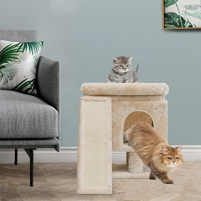 SYANDLVY Small Cat Tree for Indoor Large Cats, Kittens Condo with Scratching Post and Board, Modern Activity Tower with Cave (Beige)