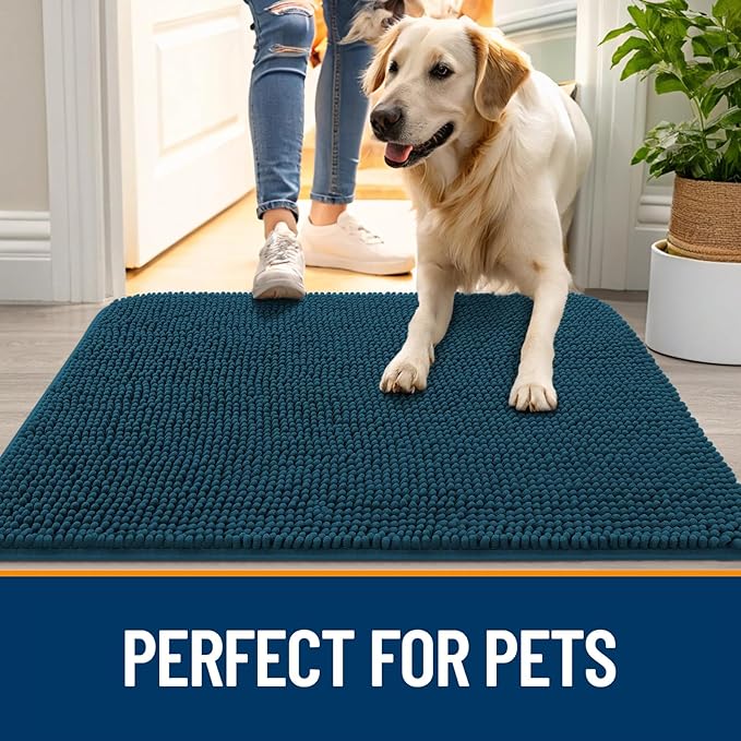 OLANLY Dog Door Mat Set 2-Piece 24x16, Absorbs Moisture and Dirt, Absorbent Non-Slip Washable Doormat, Quick Dry Chenille Mud Mat for Dogs, Entry Indoor Entryway Carpet for Inside Floor, Atlantic Blue