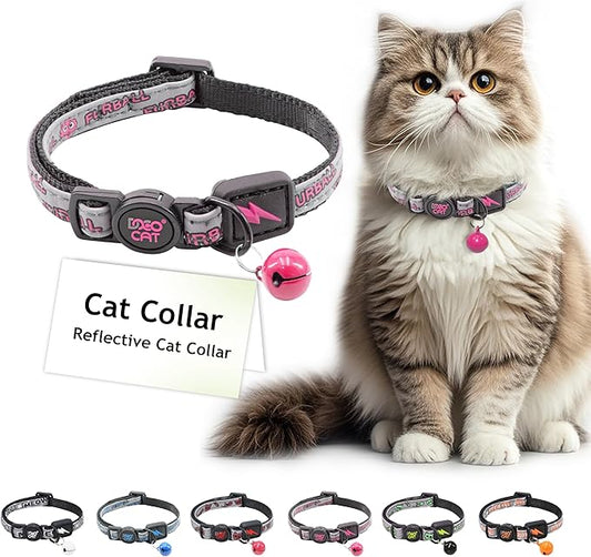 DOCO Cat Collar (Neck Girth - 3/8" x 7.5-12", Weight Upto - 13lb) Reflective Cat Collar with Bell, Breakaway Safety Buckle, Adjustable Nylon Strap for Kittens & Adult Cats (Pink)