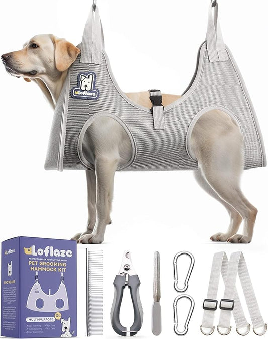 Dog Grooming Hammock Harness for Dogs & Cats with Pet Nail Clipper Trimmer - Cat Hanger Sling for Trimming Clipping Nails- Dog Hammock Restraint Bag for Small Medium Large pet （ Grey XL ）