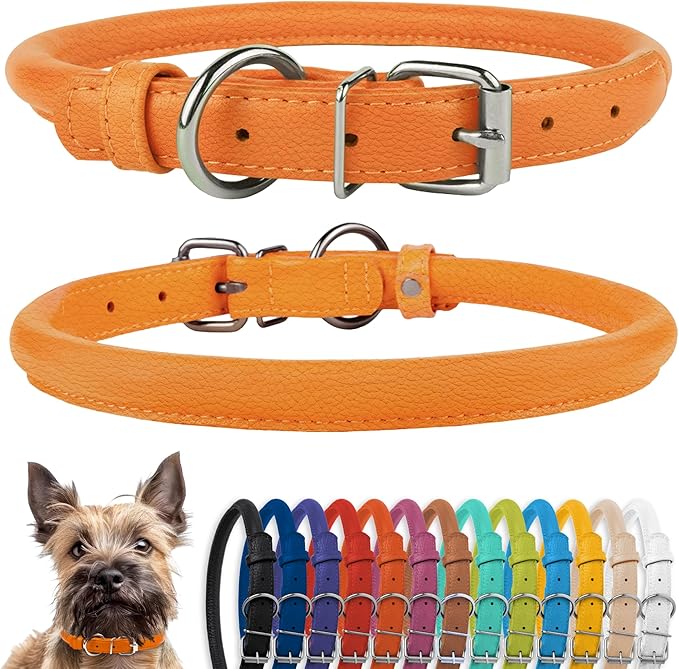 CollarDirect Rolled Leather Dog Collar, Soft Padded Round Puppy Collar, Handmade Genuine Leather Collar Dog Small Large Cat Collars 13 Colors (8-11 Inch, Orange Textured)