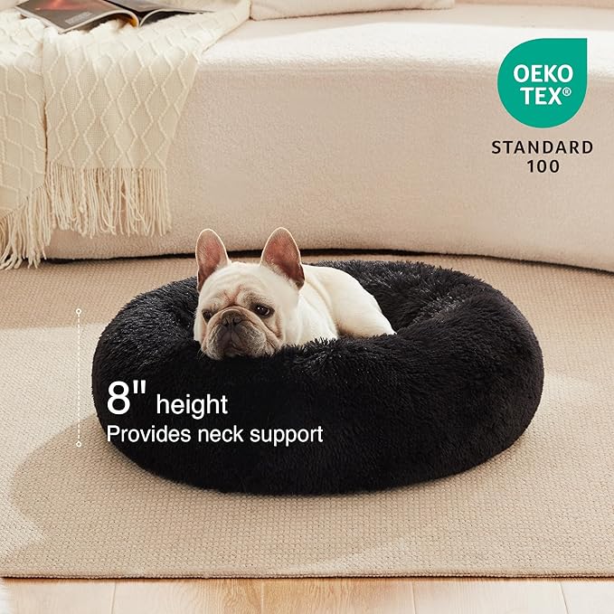 Love's cabin Calming Cat Bed for Indoor Cats,Anti-Anxiety Donut Round Dog Bed,Fluffy Faux Fur Washable Pet Bed for Small Medium Dogs and Cats,Black,24in