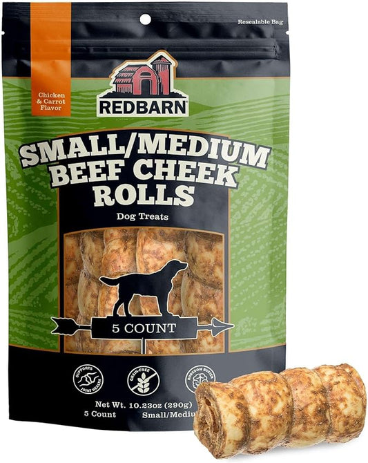 Redbarn Pet Products All-Natural Small/Medium Beef Cheek Rolls for Dogs, Chicken & Carrot Glazed - Single Ingredient Grain-Free Chew Treat Naturally Rich in Collagen - 5 Pack - Packaging May Vary