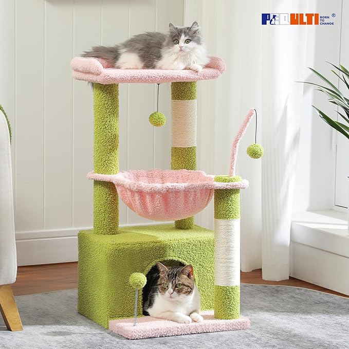 PEQULTI 4-in-1 Multi-Level Cat Tower, 33'' Pink Cat Tree for Indoor Cats with Large Condo, Scratching Post for Cats with Deep Hammock& Cozy Top Perch