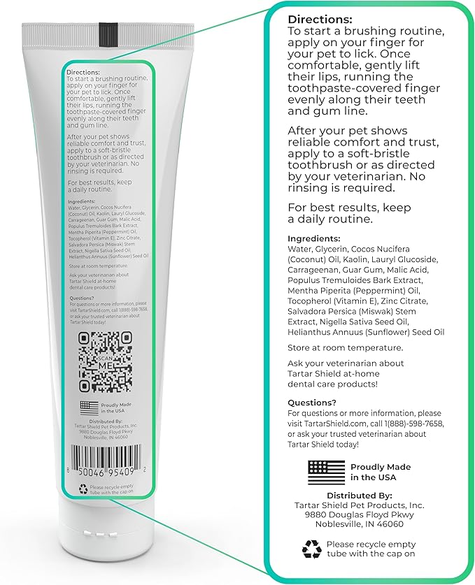 Tartar Shield Pro Care – Natural Enzymatic Pet Toothpaste Kit – Protects Against Plaque & Tartar - Freshens Breath & Removes Stains – Cleans Teeth and Gums – for Dogs & Cats - Coconut Flavor, 3 Oz.