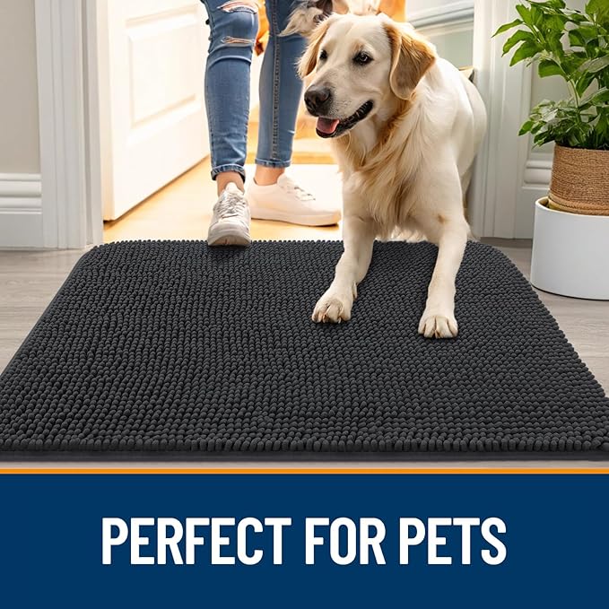 OLANLY Dog Door Mat Set 4-Piece 36x24, Absorbs Moisture and Dirt, Absorbent Non-Slip Washable Doormat, Quick Dry Chenille Mud Mat for Dogs, Entry Indoor Entryway Carpet for Inside Floor, Dark Grey