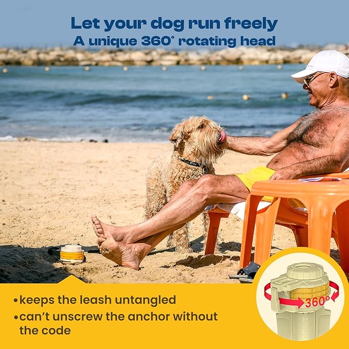 Diggo Dog Stake Beach Anchor - Dog Beach Essentials for All Dog Sizes - Unique 360° Head Rotating Combination Beach Lock System, Heavy Duty Tie Out Stake, Umbrella Sand Anchor, Designed for The Beach