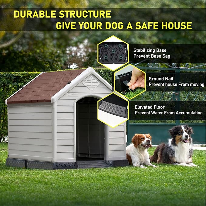LEMBERI Durable Waterproof Plastic Dog House for Small to Large Sized Dogs, Indoor Outdoor Doghouse Puppy Shelter with Elevated Floor, Easy to Assemble (Brown, 42''L*38''W*39''H)