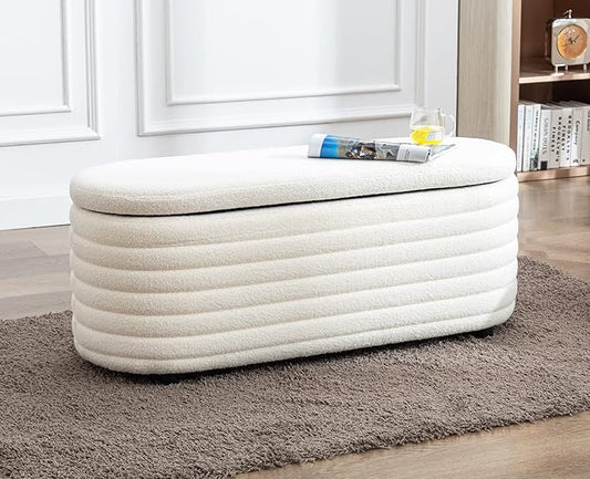 Kmax 45" Storage Bench Faux Fur Entryway Bench Upholstered Ottoman Bench for Bedroom Living Room Hallway, White