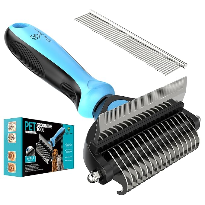 Spring Blossoms-2 in 1 Professional Grooming Rake for Cats & Dogs-Dematting Comb for Easy Mats & Tangles Removing,Pet Brush Safe No More Nasty Shedding and Flying Hair (Blue)
