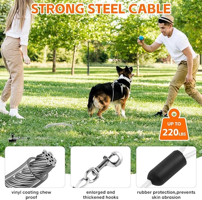 Snagle Paw Dog Tie Out Cable & Stake with Lock Cap - 30ft Heavy Duty Rust Proof Cable, 360° Swivel Dog Yard Leash & Stake Up to 220 lbs - Ground Anchor for Yard, Beach, Camping & Outdoor Use