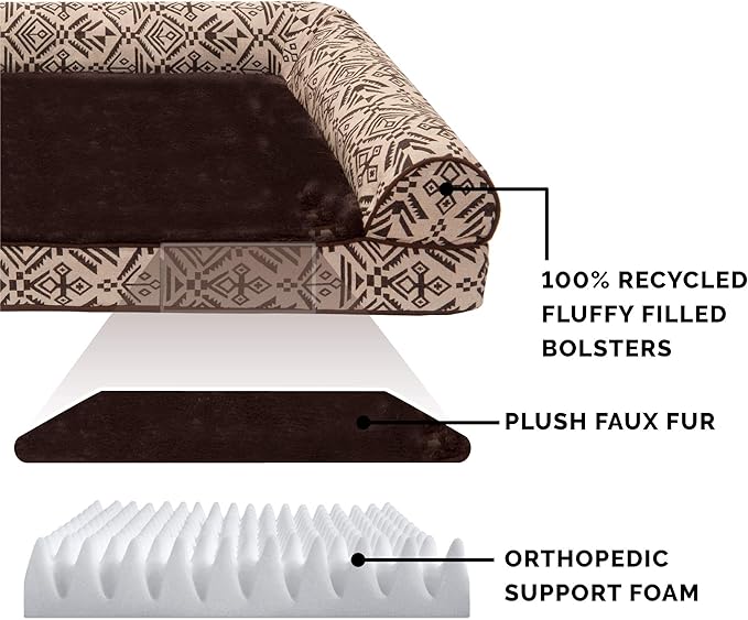 Furhaven Orthopedic Dog Bed for Large Dogs w/ Removable Bolsters & Washable Cover, For Dogs Up to 95 lbs - Plush & Southwest Kilim Woven Decor Sofa - Desert Brown, Jumbo/XL