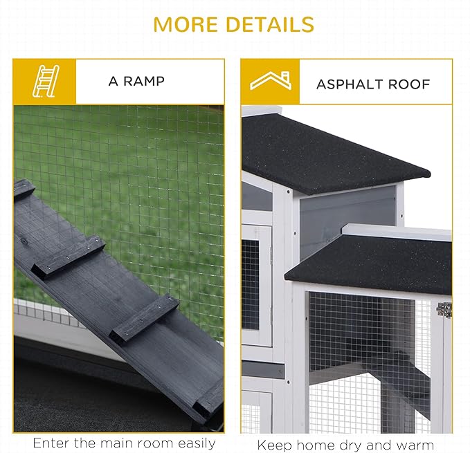 PawHut 62" Rabbit Hutch, Wooden Bunny Hutch, Guinea Pig Cage, Small Animal Enclosure with Run Area, Removable Tray, Asphalt Roof, Lockable Doors and Ramp, Gray