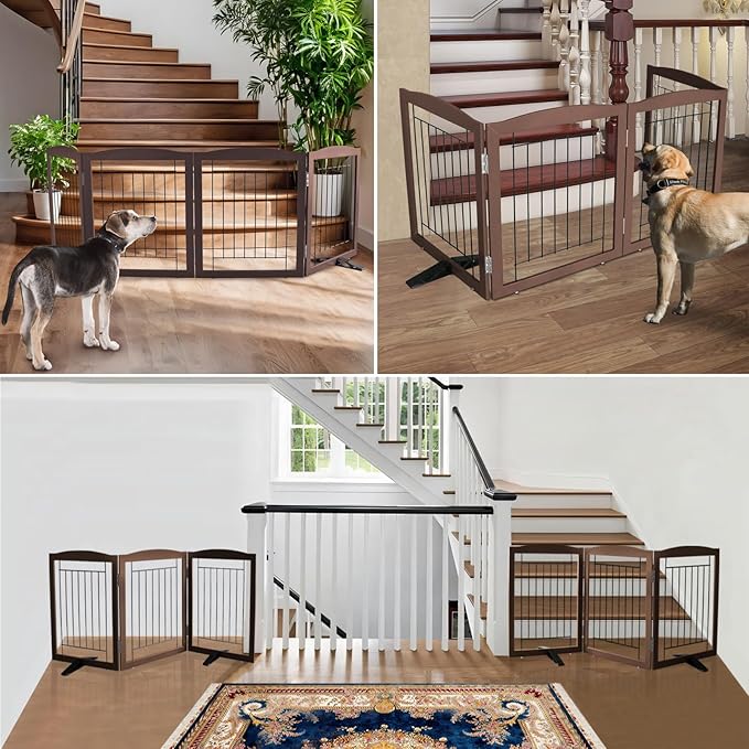 ZJSF Freestanding Dog Fence Indoor, Foldable Dog Gate for Doorways, Stairs or Hallways, Sturdy Wood Extra Wide Pet Gate with Support Feet for The House, Brown, 32 "Height-6 Panels