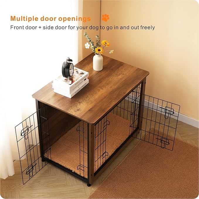 DWANTON Dog Crate Furniture with Cushion, Wooden Kennel Table with Double Doors, Indoor Dog House, Medium Size, 32.5" L, Warm Brown