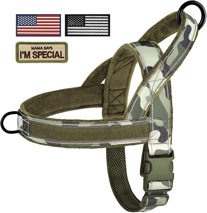 Forestpaw No Pull Dog Harness - Soft Flannel Padded Tactical Dog Vest Harness with Quick Release Buckle, Adjustable Reflective Pet Harness for Medium Dogs Walking Training,Green Camouflage M