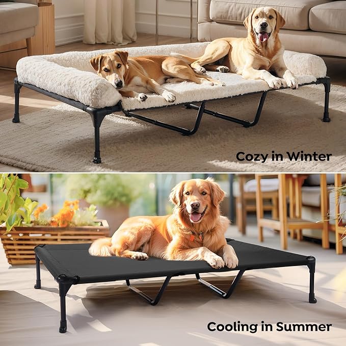 Veehoo Cooling Elevated Dog Bed Add Removable Deluxe Rose Plush Bolster Cushion Mat, 59" x 37" Washable Dog Couch Bed, Raised Pet Cot with Breathable Teslin Mesh, No-Slip Feet, White, CWC2439B