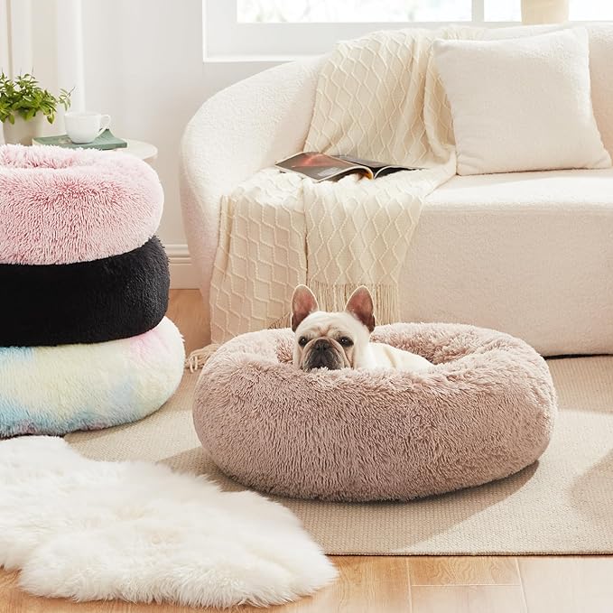 Love's cabin Calming Cat Bed for Indoor Cats,Anti-Anxiety Donut Round Dog Bed,Fluffy Faux Fur Washable Pet Bed for Small Medium Dogs and Cats,Grey,24in