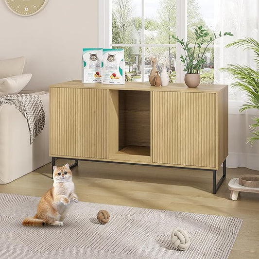Litter Box Enclosure for 2 Cats, Fluted Hidden Cat Litter Box Furniture with Scratch Pad and Metal Legs, Modern Double Room Kitty House for Living Room, Washroom, 47.2”L x 17.7”W x 25.9”H, Natural
