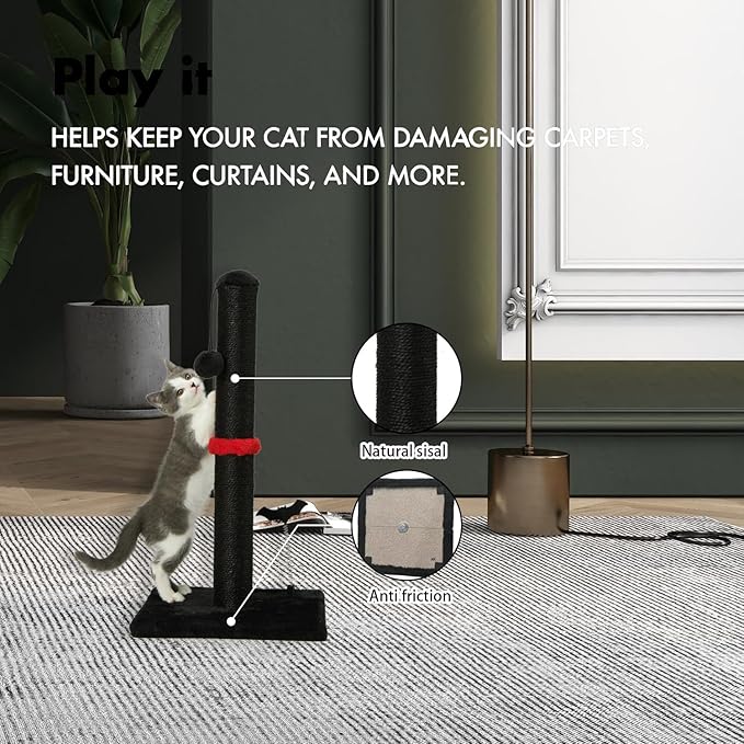 MECOOL Cat Scratching Post Premium Sisal Scratch Posts with Hanging Ball Vertical Scratcher for Indoor Cats and Kittens,Black
