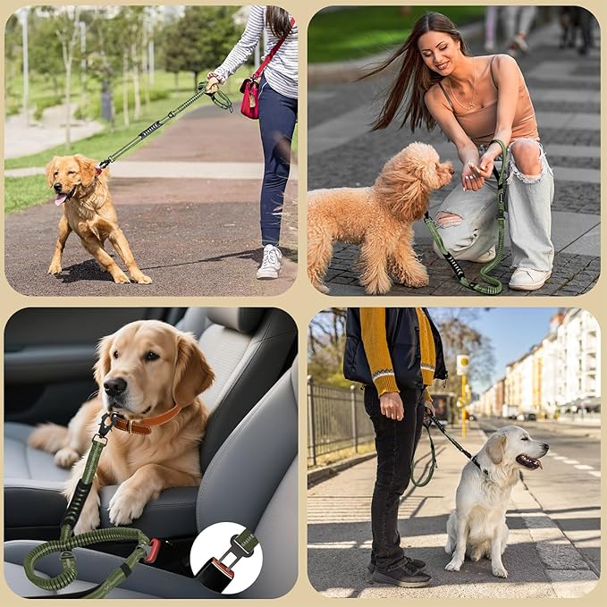 Heavy Duty Tactical Bungee Dog Leash, 4-6FT Shock Absorbing Tactical Dog Leash with 2 Padded Handles, Metal Carabiner Clip, Car Seatbelt, Reflective for Medium Large Dogs (ArmyGreen)