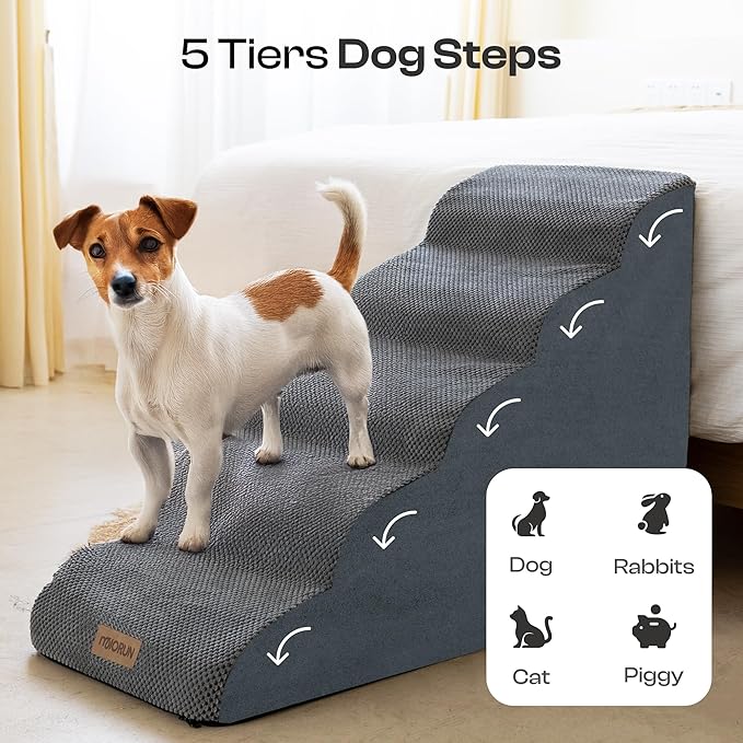 Dog Stairs for High Beds Up to 30", Extra-Tall 24.5" 5-Step Foam Pet Ramp with Washable Cover, Gentle Slope Steps, Bed & Couch Ladder for Small Medium Dogs & Senior Cat, Puppy Climbing Stairs